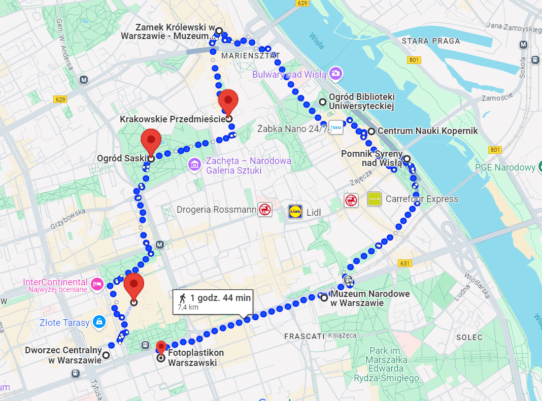 grafika: mapa z zaznaczoną trasą zwiedzania Warszawy